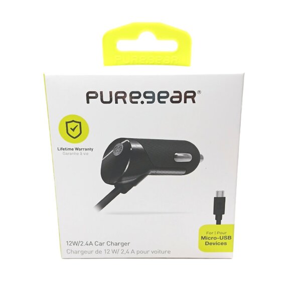 PureGear Micro-USB Car Charger 12W/2.4A Black 4 ft Coiled Cable DC Outlet New - Picture 2 of 4